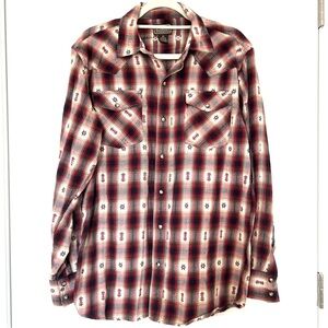 Schmidt Shirt Mens M Red Aztec Western Pearl Snap Stripe Workwear